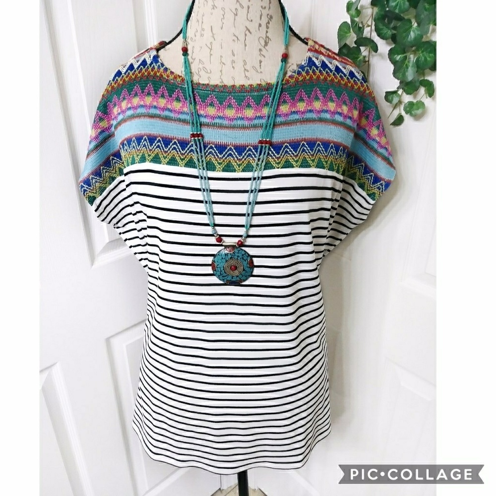 Avenue Striped Embroidered Yoke Top Size 14